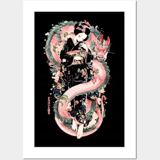 Japanese Girl With Dragon and Cats 2 T-Shirt 03 Posters and Art